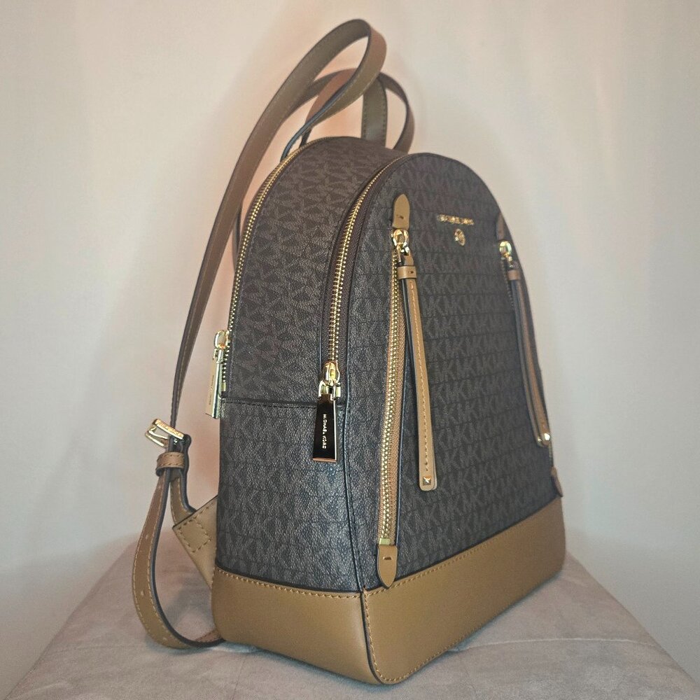 Michael Kors Brooklyn Medium Logo Backpack Purse Brown MK Monogram Leather - Picture 2 of 9